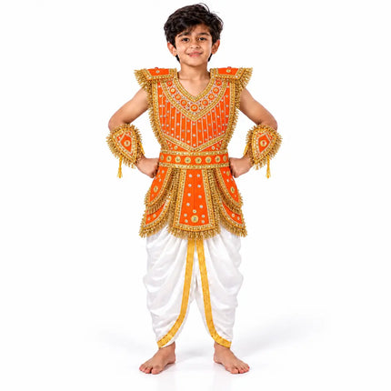 Boy wearing orange kavach with white dhoti