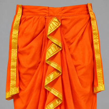Orange Mahabharat dhoti front folds close-up