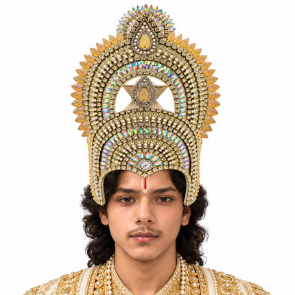 Ornate Gold-Tone Mukut Crown with Iridescent Stone Detailing for Ramleela fancydresswale.com