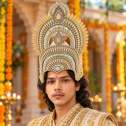 Ornate Gold-Tone Mukut Crown with Iridescent Stone Detailing for Ramleela fancydresswale.com