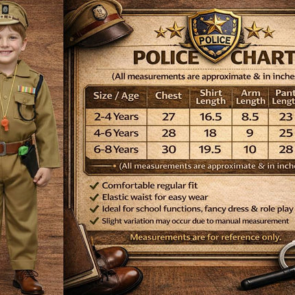 Fancydresswale Kids Police Officer Costume for Boys | Khaki Uniform with Cap, Belt & Accessories | School Functions & Role Play (Ages 2–8)