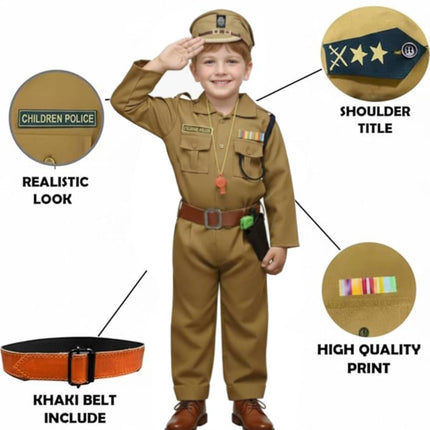 Fancydresswale Kids Police Officer Costume for Boys | Khaki Uniform with Cap, Belt & Accessories | School Functions & Role Play (Ages 2–8)