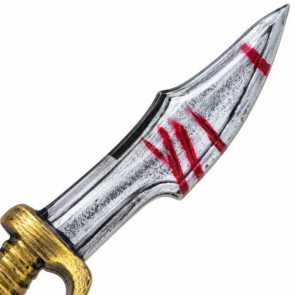 Close-up of decorative silver-tone blade with red accent streaks