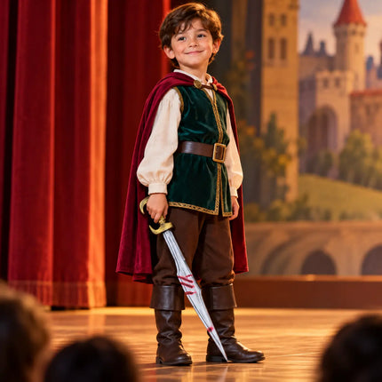Child in a storybook stage costume holding PVC Sword