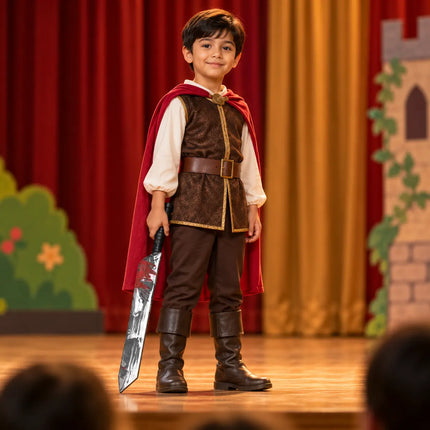 Child in a storybook stage outfit holding PVC Sword