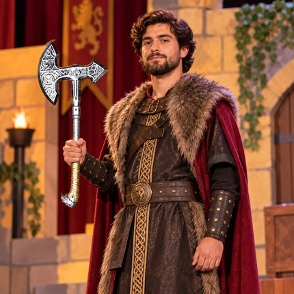 Historical-inspired stage costume styling with ornamental axe-shaped accessory