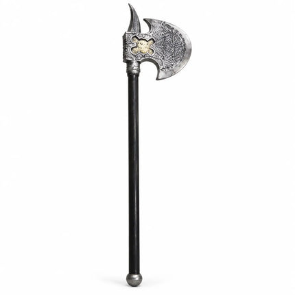 Pharsa costume prop with ornate silver-tone crescent axe head and long black shaft