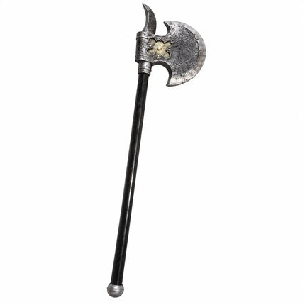 Angled view of Pharsa with decorative axe head and silver-tone base