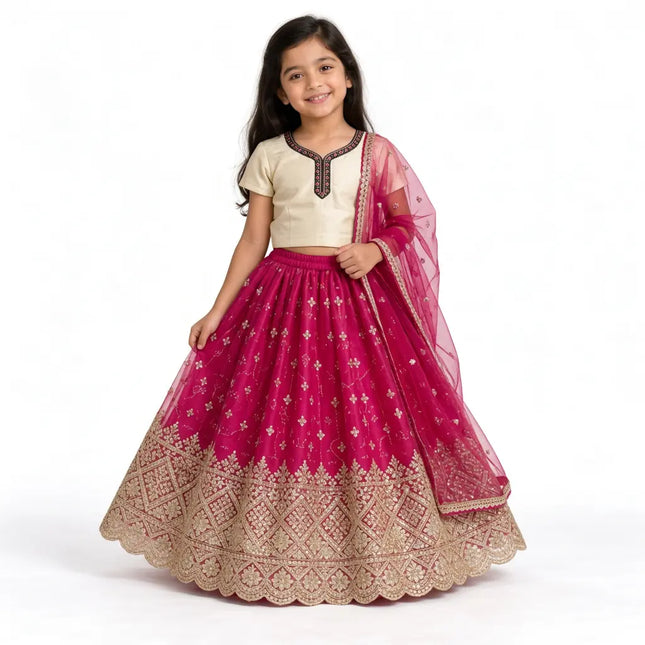AI girl model pink lehenga angled front view