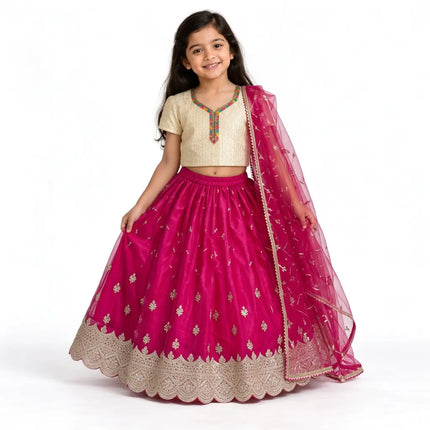 AI girl model wearing pink Rani Net Lehenga front view