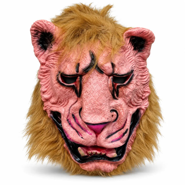 Front view of pink monster mask with golden-brown shaggy mane on white background