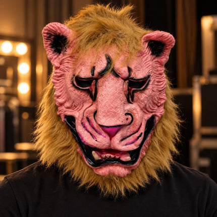 Pink shaggy monster mask styled with dark clothing
