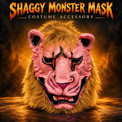 Pink shaggy monster mask Halloween costume accessory poster