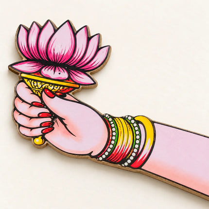 Close-up of lotus and colourful bangle artwork on Ply Bhuja