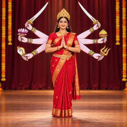 Durga-inspired performer styling the Ply Bhuja on stage