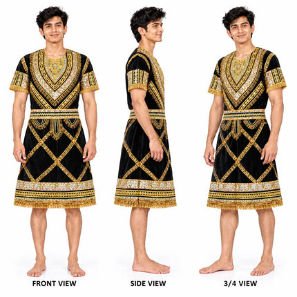 Black raja coat front side and 3/4 view