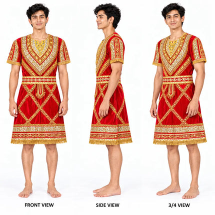 Red raja coat front side and 3/4 view