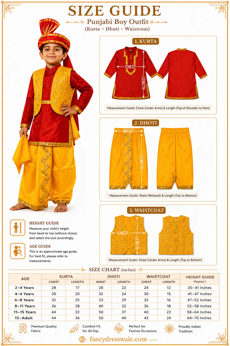 Punjabi Boy Bhangra Costume for Kids – Red and Yellow Bhangra Dress with Pagdi fancydresswale.com
