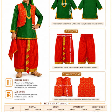 Punjabi Boy Costume for Kids – Punjabi Bhangra – Red Kurta with Green Dhoti, Waistcoat & Pagri fancydresswale.com