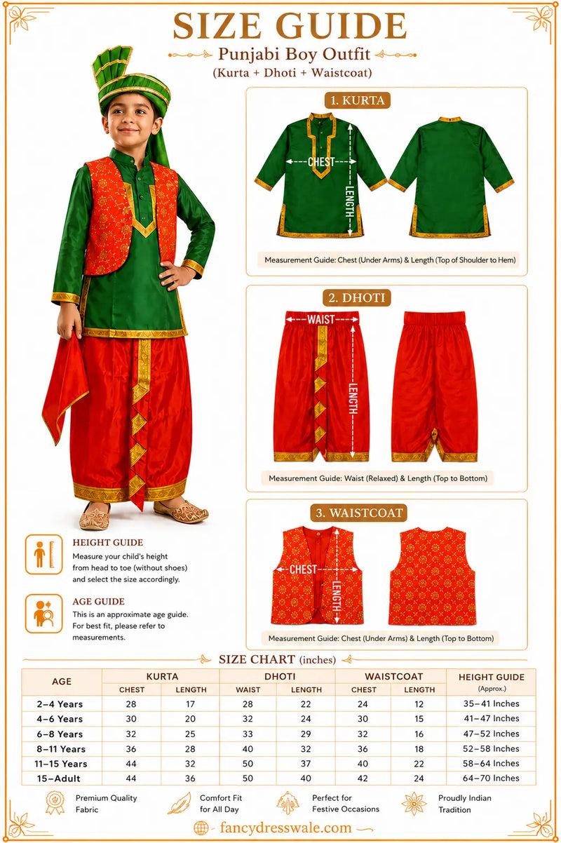 Punjabi Boy Costume for Kids – Punjabi Bhangra – Red Kurta with Green Dhoti, Waistcoat & Pagri fancydresswale.com