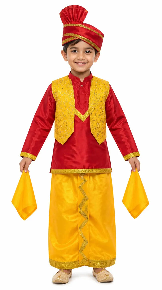 Punjabi Boy Costume for Kids – Red Yellow Bhangra Dress with Pagdi fancydresswale.com
