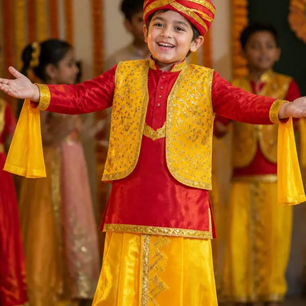 Punjabi Boy Costume for Kids – Red Yellow Bhangra Dress with Pagdi fancydresswale.com