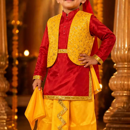 Punjabi Boy Costume for Kids – Red Yellow Bhangra Dress with Pagdi fancydresswale.com