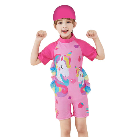 Fancydresswale Girls Swimsuits Short Sleeve Swimwear with Matching Cap -Unicorn Strawberry