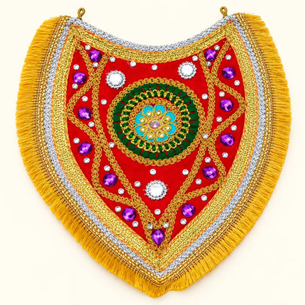 Ramleela Neckpiece – Red & Gold with Green Medallion (Pack of 12) fancydresswale.com