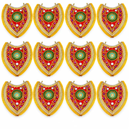 Ramleela Neckpiece – Red & Gold with Green Medallion (Pack of 12) fancydresswale.com