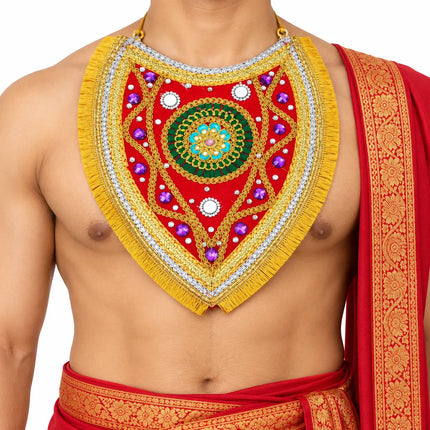 Ramleela Neckpiece – Red & Gold with Green Medallion (Pack of 12) fancydresswale.com