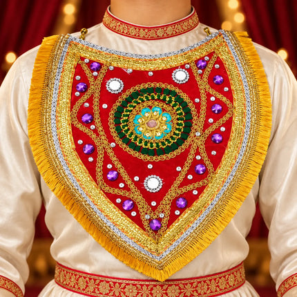 Ramleela Neckpiece – Red & Gold with Green Medallion (Pack of 12) fancydresswale.com