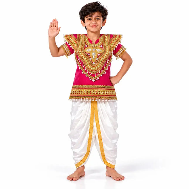 Red Body Kavach with White Dhoti Costume | Heavy Gold Zari | Kids & Adult Sizes | Ramleela Fancy Dress fancydresswale.com