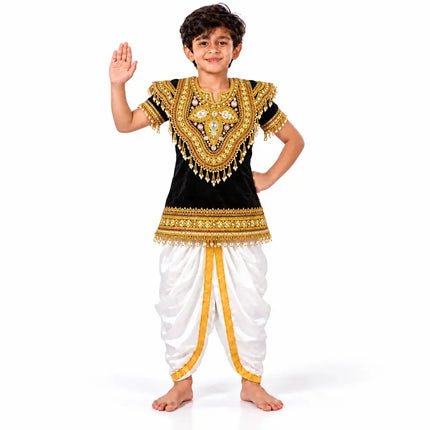 Red Body Kavach with White Dhoti Costume | Heavy Gold Zari | Kids & Adult Sizes | Ramleela Fancy Dress fancydresswale.com
