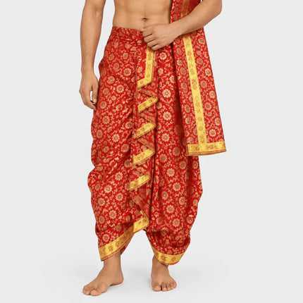 Red Brocket dhoti AI hero on light-gray background