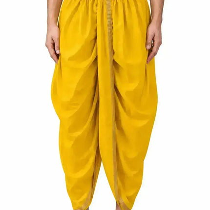 AI adult model yellow dhoti worn front view, torso-to-feet crop