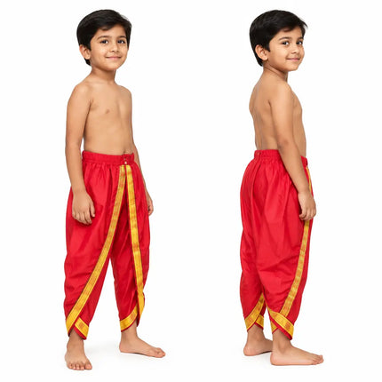 AI-generated child model red dhoti side-angle preview