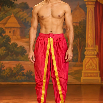 AI-generated adult model wearing red dhoti on a Ramleela stage, single image