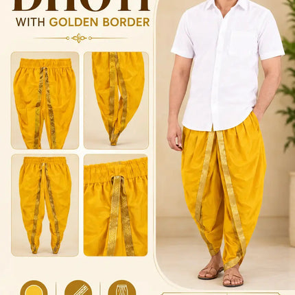 Yellow dhoti cream-gold infographic with details and size-wise prices, AI model preview