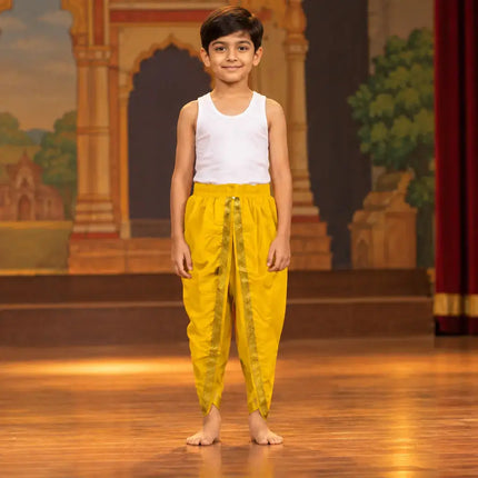 AI child model yellow dhoti Ramleela stage preview, vest not included