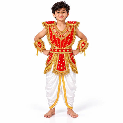 Boy wearing red kavach with white dhoti