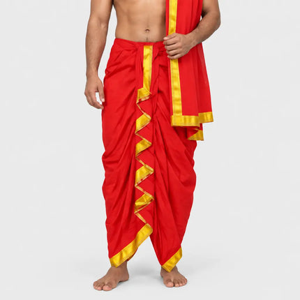 Red Mahabharat dhoti AI hero on light-gray background