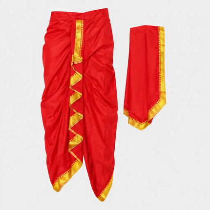Red Mahabharat dhoti side-angle on light-gray background