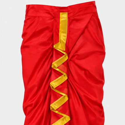 Red Mahabharat dhoti front folds close-up