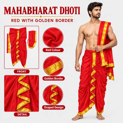Red Mahabharat dhoti design infographic on light-gray background