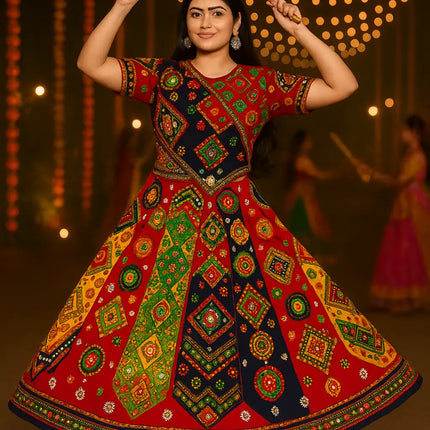Red Navratri Lehenga Choli with Dupatta | Gujarati Traditional Embroidered Chaniya Choli for Women fancydresswale.com