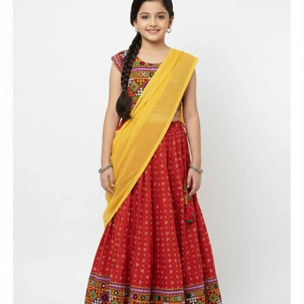 Red Navratri Lehenga Choli with Yellow Dupatta for Girls | Traditional Embroidered Chaniya Choli fancydresswale.com