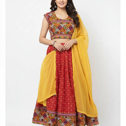 Red Navratri Lehenga Choli with Yellow Dupatta for Girls | Traditional Embroidered Chaniya Choli fancydresswale.com