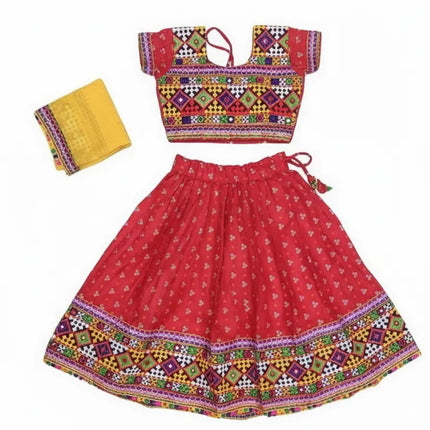 Red Navratri Lehenga Choli with Yellow Dupatta for Girls | Traditional Embroidered Chaniya Choli fancydresswale.com