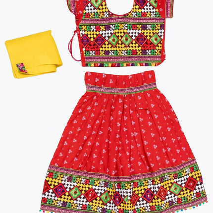 Red Navratri Lehenga Choli with Yellow Dupatta for Girls | Traditional Embroidered Chaniya Choli fancydresswale.com